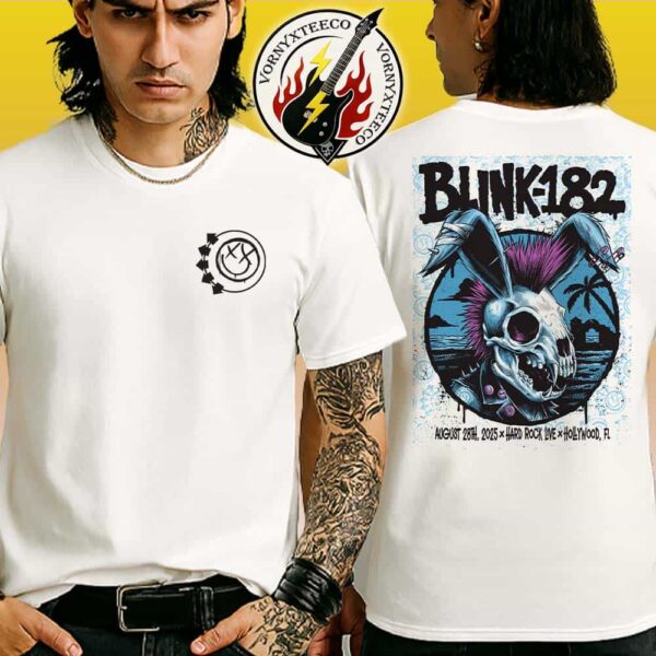 Blink-182 Poster First Show In Hollywood FL At Hard Rock Live On August 28th Missionary Impossible 2025 Tour Two Sided Print T-Shirt
