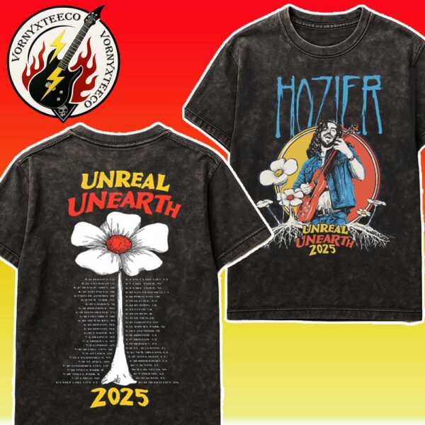 Hozier Unreal Unearth Tour 2025 Collecion Tee Black Flower Washed T-Shirt