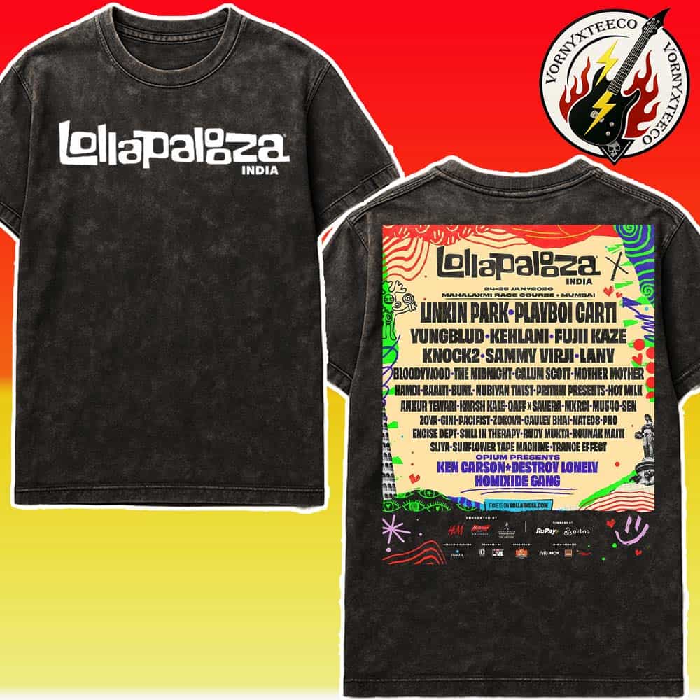 Lollapalooza India Festival Music 2026 Poster Lineup At The Mahalaxmi Racecourse In Mumbai On January 24 And 25 2026 Tee Washed T-Shirt Lollapalooza India Festival Music 2026 Poster Lineup At The Mahalaxmi Racecourse In Mumbai On January 24 And 25 2026 Tee Washed T-Shirt