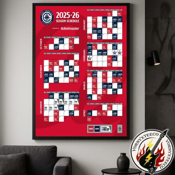 NBA Los Angeles Clippers Official Schedule Season 2025-26 Wall Decor Poster Canvas